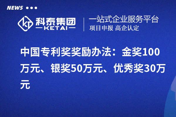 中國專利獎：金獎100萬元、銀獎50萬元、優(yōu)秀獎30萬元（省級）