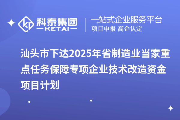 汕頭市下達(dá)2025年省制造業(yè)當(dāng)家重點(diǎn)任務(wù)保障專項(xiàng)企業(yè)技術(shù)改造資金項(xiàng)目計(jì)劃