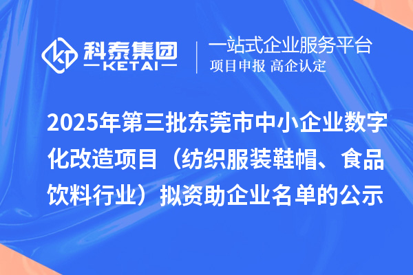 2025年第三批東莞市中小企業(yè)數(shù)字化改造項(xiàng)目(紡織服裝鞋帽、食品飲料行業(yè))擬資助企業(yè)名單的公示