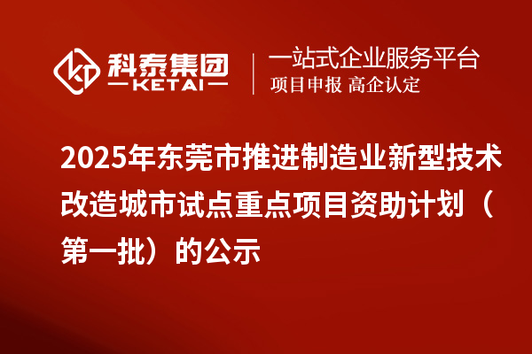 2025年東莞市推進制造業(yè)新型技術改造城市試點重點項目資助計劃（第一批）的公示
